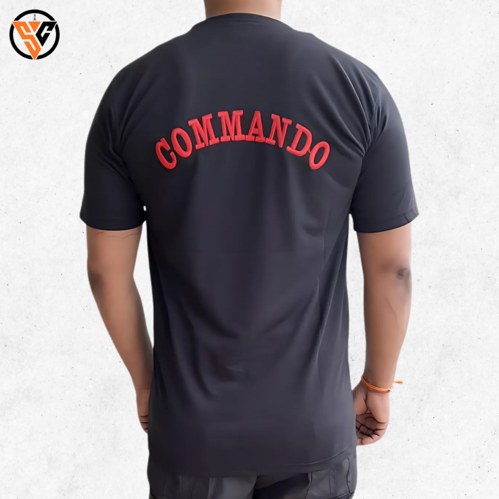 Black Cotton Half Sleeve T-Shirt – Commando Print, Casual Fit - Image 2